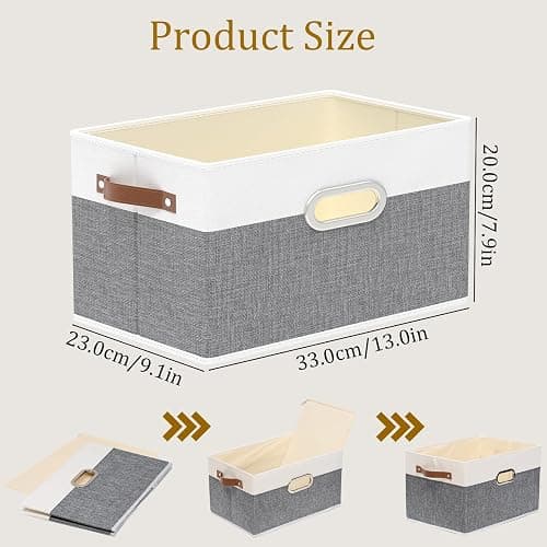 Yawinhe Fabric Storage Baskets, Foldable Closet Organizer for Shelves, Large Boxes with 3 Handles, Canvas Bins for Clothes, White/Grey, 12.99''Lx9.05''Wx7.87''H, 4-Pack thumbnail 3
