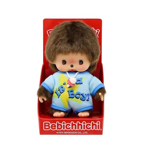 Sekiguchi 203840 Original Bebichhichi Boy, Plush Toy with Light Blue Romper, Approx. 14 cm Large Cuddly Toy Made of Brown Plush - Image 1
