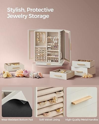 SONGMICS Jewelry Box 360° Rotating, Jewelry Storage Case with 5 Drawers, Jewelry Organizer, Glass Window, Spacious, Vertical Jewelry Storage, Open Design, Christmas Gift, Cloud White UJBC170W01 thumbnail 5
