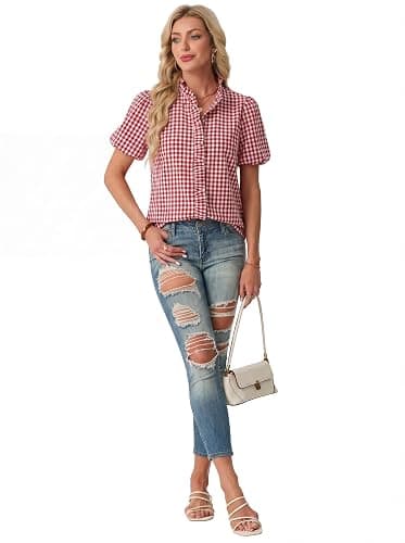 Womens Short Puff Sleeve Button Down Shirts Striped Ruffle Stand Collar Blouse Business Casual Preppy Tops thumbnail 4