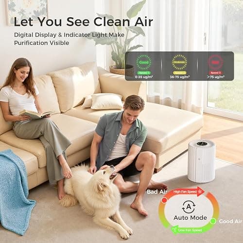 VOOPNU Air Purifiers For Bedroom And Home 1095 Sq. Ft True H13 HEPA Pet Air Purifier For Dorm Room With Air Quality Display 360° Air Intake & Outlet For Bedroom Office, DH-JHD07(White) thumbnail 2