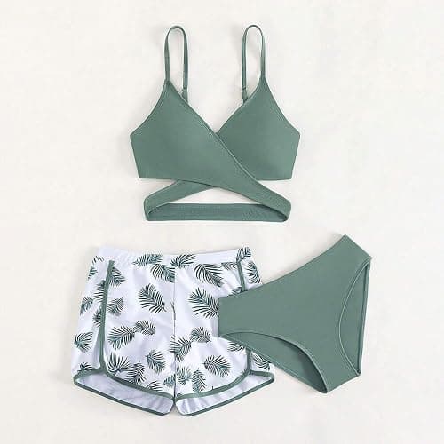 XINYUNZU Mädchen Bikini Set mit Badeshorts Hawaii Badeanzug 3-Teilig Bademode Schwimmanzug Swimsuit Girls Strand Badebekleidung Badeanzüge für Kinder 3-12 Jahre thumbnail 3