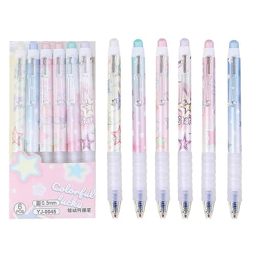 MOZXIRZ 6 Pcs Erasable Gel Ink Pens Retractable Pens 0.5mm Blue Ink Pen Office School Supplies Cute Aesthetic Pen (Blue Ink-Stars) - Image 1