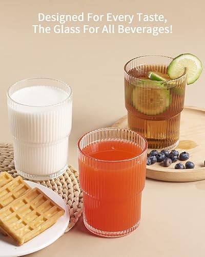 BJMEDYM Ribbed Glassesware 14 Oz Ripple Drinking Glasses Iced Coffee Glasses Glass Cup Set Of 6 Vintage Drinking Glasses Water Glasses Fluted Glassware Cocktail Glass Cute Glass Cups thumbnail 5