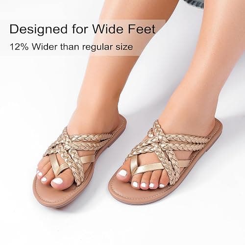 Ruiee Wide Width Sandals for Women, Summer Wide Feet Flip Flops Flat Slides Casual Braided Comfort Slip on Breathable Cute Sandal. thumbnail 3