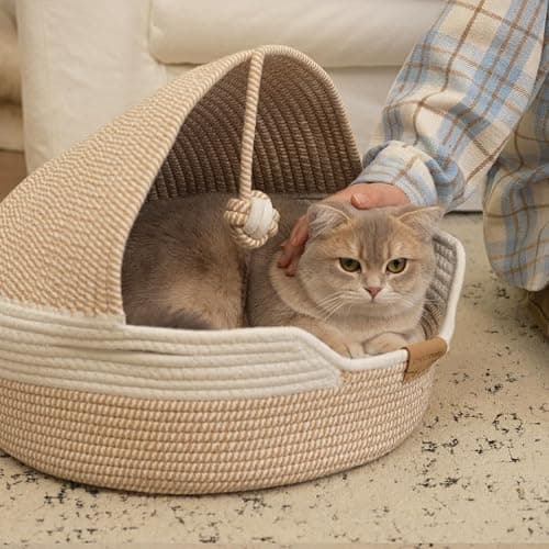 CHEERPALS Cat Basket Bed with Washable Cushion and Ball Rope Cotton, Covered Pet Bed for Indoor Cats Cave Bed Hooded, Stimulicat Cat Bed Handwoven Breathable, All Season Universal(White) thumbnail 9
