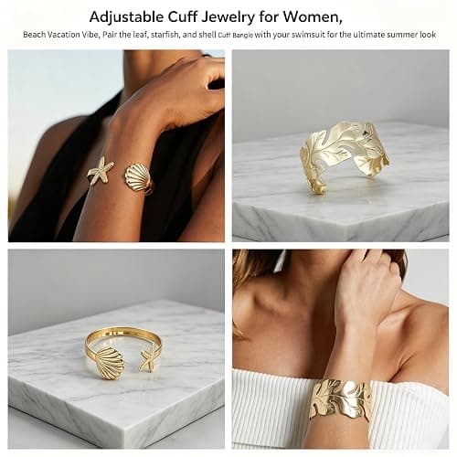 COLOYAN 6PCS Gold Cuff Bangle Bracelets for Women | Sturdy Durable Open Gold Wrist Cuff Bangle,Boho Beach Style, Starfish Shell Leaf Design, Dresses, Vacations, Nights out thumbnail 7