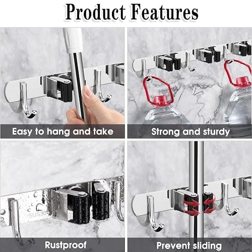 3 Racks and 4 Hooks Broom and Mop Holder Wall Mounted Garage Organizer Storage Tool Racks Stainless Steel Heavy Duty Hooks Self Adhesive Solid Non-slip Wall Hangers for Home Kitchen Garden Laundry thumbnail 3