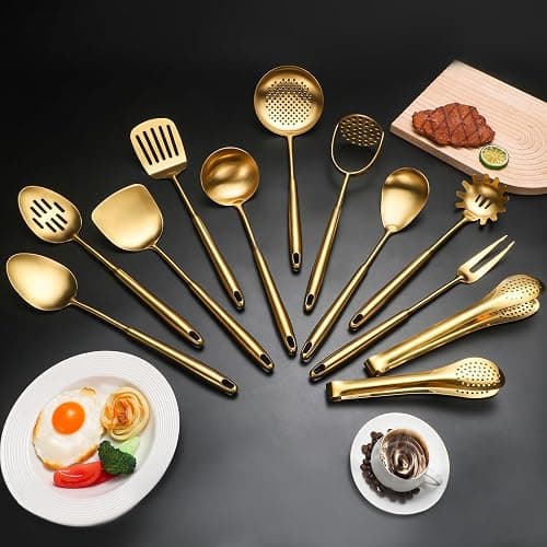 304 Stainlss Steel Matte Kitchen Utensils Set, 12 Pcs Long Metal Cooking Utensil Gadgets Tools Set with Spatula, Ladle, Spoon, Ladle, Skimmer, Tunner, Pasta Server, Tongs(Gold, Dishwasher Safe) thumbnail 3