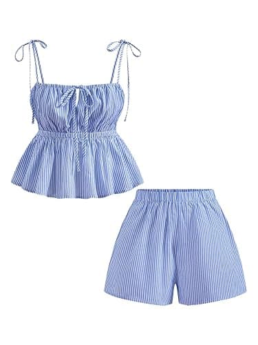 MakeMeChic Women's 2 Piece Summer Outfits Striped Tie Shoulder Peplum Shirred Tops and Shorts Set - Image 1