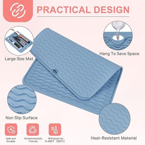 Suafrnut Oversize Silicone Heat Resistant Mat, Portable Travel Mat Cover with Velcro for Curling Irons, Flat Irons, Hair Straightener and Hot Hair Styling Tools(14.2" x 11") thumbnail 4