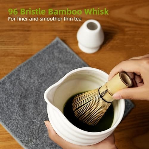 Matcha Whisk Set, 7 Pcs Matcha Kit, Premium Ceramic Matcha Set, Whisk and Bowl, Sifter, Cup Holder, Bamboo Scoop, Tea Plucking, Tea Towel, Matcha Lovers (White) thumbnail 6