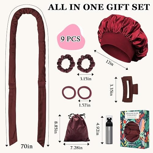 Gwabee No Heat Overnight Hair Curlers - 70" Soft Ribbon Curl Wrap with 9 Curling Rods, Headband for Long Hair Rollers - Burgundy thumbnail 5