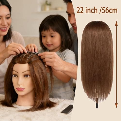 100% Mannequin Head Human Hair,22" Dark Brown Real Hair Cosmetology Mannequin Manikin Head Hair Styling Hairdressing Practice Training Doll Head with Clamp Holder and Tools thumbnail 5