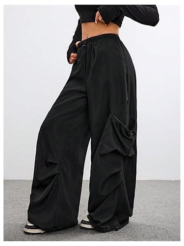 GORGLITTER Women's Parachute Baggy Cargo Pants Wide Leg Low Waisted Oversized Loose Drawstring Pants with Pockets thumbnail 2