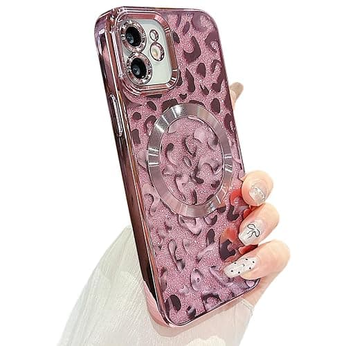 ZONRW for iPhone 12 Case Magnetic,Soft Cute Luxury Leopard Cheetah Pattern Plating Glitter Bling Phone Case Compatible with MagSafe Clear Shockproof Back Cover for Women Girl 6.1"-Pink - Image 1