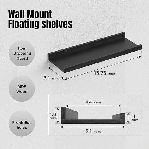 RICHER HOUSE 5 Set Floating Wall Mounted Shelves, Black Shelves for Wall Decor, Modern Picture Ledge Shelf with Lip for Storage, Nursery, Bedroom, Living Room, Bathroom - Black thumbnail 3