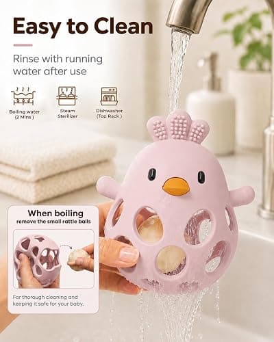 Tinabless Baby Teether Rattle Toys, 2-in-1 Easy Grip Silicone Teething for Babies 3-12 Months, BPA-Free Sensory Chew Toy for Sore Gums, Infant Gift (Pink w/Rattle) thumbnail 6