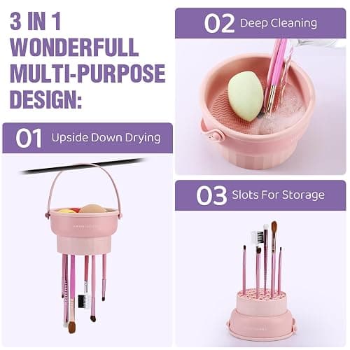 Makeup Brush Cleaner Mat 3 in 1 Silicone Makeup Brush Cleaner Bowl Cosmetic Brushes Cleaning Tool Organizer for Storage and Air Drying (Pink) thumbnail 2