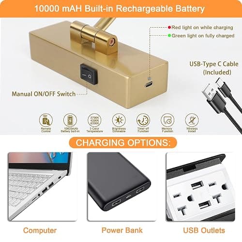 Tassuowell Picture Light Battery Operated with Remote, 3CCT Dimmable Picture Light for Paintings, Brass Rechargeable 24 inch Battery Operated Wall Sconce for Art Lighting Gallery Portrait Artwork thumbnail 7