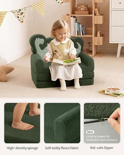 Blissful Diary Kids Couch, 2-in-1 Soft Toddler Couch Fold Out, Toddler Chair Comfy, Convertible Sofa to Lounger, Kids Furniture for Playroom, Gift for Birthday, Children's Day, Green Dinosaur thumbnail 6