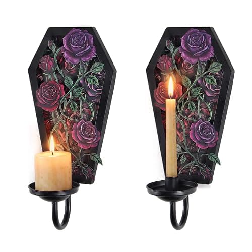 Gothic Coffin Wall Candle Sconce Set of 2, Dark Romantic Rose Thorn Backplate with Removable Trays for Taper & Pillar Candles, Gothic Decor for Living Room Bedroom, Year-Round Halloween Home Accent - Image 1