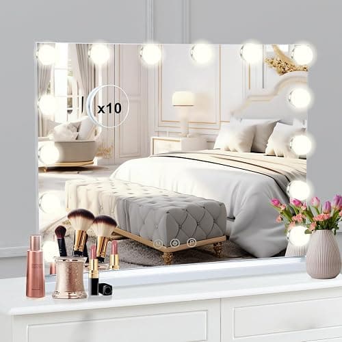 onesaimei Hollywood Vanity Mirror with 14 LED Dimmable Bulbs, Makeup Cosmetic Mirror with Lights, Lighted Vanity Dressing Table Mirror with USB Charging, Touch Screen Tabletop Mirror, 50CM x 42CM thumbnail 3