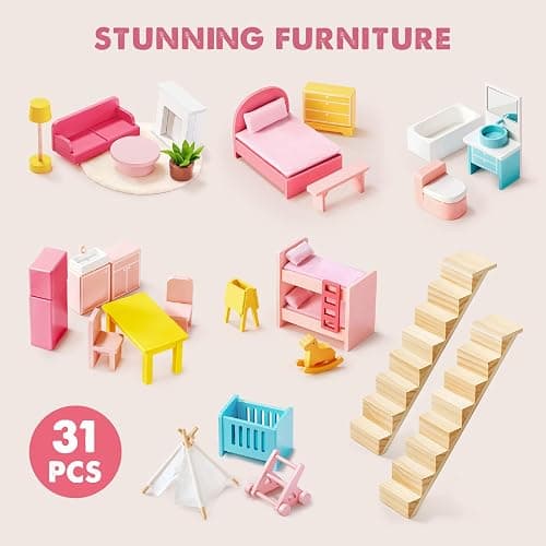 Tiny Land Wooden Dollhouse for Girls - 6 Rooms Wooden Doll House, DIY Pretend Doll House with 31Pcs Furniture Accessories, Creative Gift for Girl Ages 3+ thumbnail 6