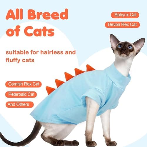 DENTRUN Sphynx Cat Clothes, Cute Dinosaur Design Hairless Cat Costume, Breathable Cotton Shirts Cat Clothes for Cats Only, Round Collar Kitten Daily T-Shirts with Sleeves, Cats Funny Cosplay Apparel thumbnail 4