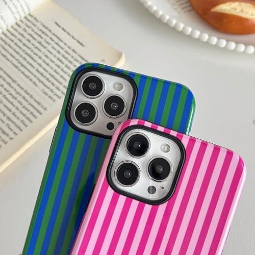 Longlayss Compatible with iPhone 14 Pro Case Cute Aesthetic Striped Phone Case for Women Girl Shockproof Slim TPU and Hard PC Protective Cover (Hot Pink) thumbnail 4