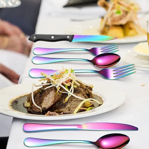 A · HOUSEWARE Rainbow Silverware Set For 4 Cutlery Stainless Steel Flatware 24 Piece Colorful Knives Fork Spoon Dishwasher Safe Eating Utensils For Festival Parties Restaurant thumbnail 2