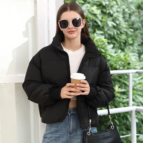 Women’s Winter Cropped Puffer Jacket Coat Casual Quilted Baggy Long Sleeve Zip Down Jackets Outerwear thumbnail 5