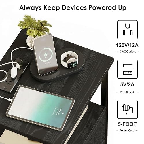 Fixwal Black Night Stand with Charger Station, Nightstand with Charging Station & Fabric Drawers thumbnail 4