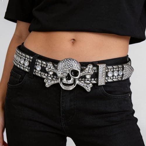 Xsoyad Rhinestone Skull Belt Men Women Skull Rhinestone Belt Studded Punk Y2k Belts Western Cowgirl Belts thumbnail 3