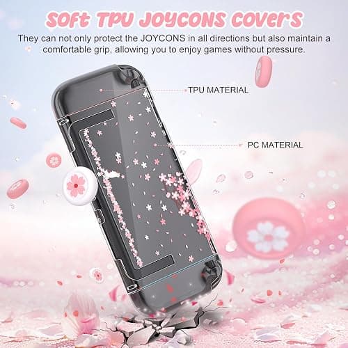 NANANINO Switch 2 Case for Nintendo Switch 2, Dockable Clear Protective Cover with Cherry Blossom Cat Design, Tempered Glass Screen Protector & Thumb Grips, Kawaii Pink Case for Girls thumbnail 7
