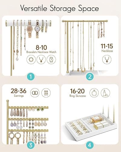 Vlando Jewelry Stand Organizer with Ring Holder, Jewelry Holder Organizer with Tray, Necklace Holder Bracket Holder Earring Holder - White - A. White thumbnail 5
