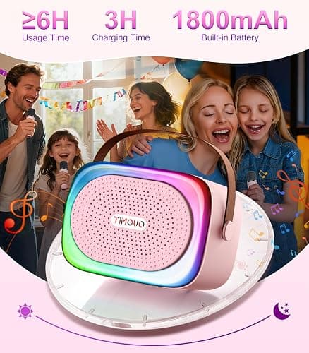 TiMOVO Mini Karaoke Machine, Portable Bluetooth Speaker with 2 Wireless Microphones and LED Lights, Birthday Gifts for Family Home Party, Pink thumbnail 2