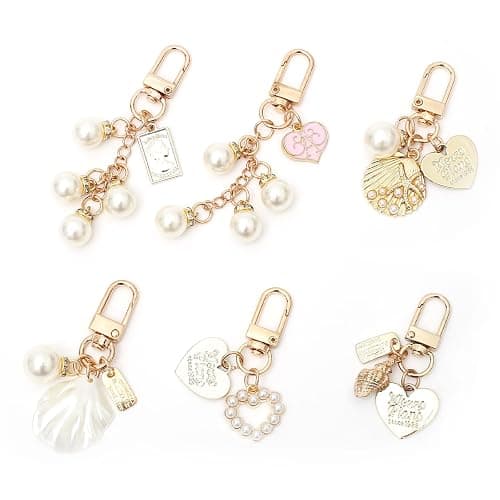 chihimoer 6Pcs Gold Ocean Shell Conch Heart Keychains Accessories for Women,Cute Car Keychain Charm with Pearl Tassel for Wallet and Purse and Bag - Image 1