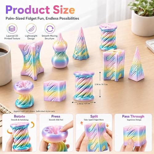TGIQROVE 8 Pack 3D Printed Fidget Toys, Impossible Passthrough Toy Set | Pastel Rainbow Twist and Slide Optical Illusion Desk Toys, Sensory Fidgets for Kids, Teens and Adults thumbnail 3