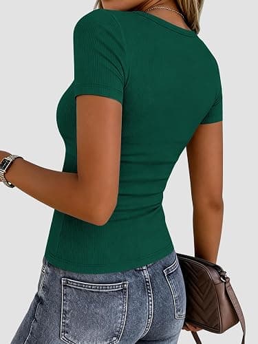Zeagoo Women's Ribbed Short Sleeve Tops Crewneck Stretch Basic Tshirt S-2XL | Stretchy Ribbed Tops Ideal for Business Casual,Work,Daily Wear,Going Out, Perfect for Summer and Fall Outfits thumbnail 6