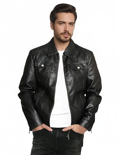 Mens Leather Jacket Motorcycle Black Biker Jackets Vintage Faux Leather Outwear Casual Lightweight thumbnail 4