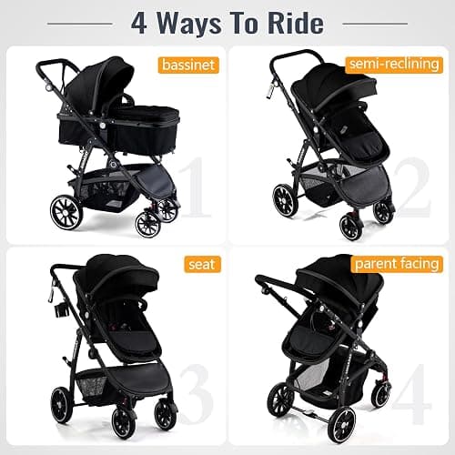 Baby Stroller, 2-in-1 Reversible Toddler Seat with Lie-Flat Mode, Foldable Infant Stroller with Canopy, One Button Brake, Adjustable Handle, Newborn Pushchair (Black B) thumbnail 2
