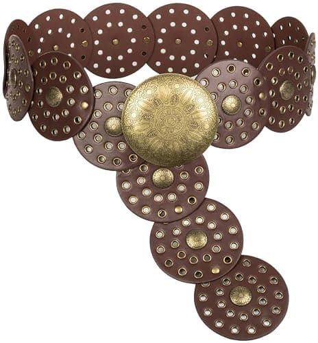 NociHah Wide Disc Western Belt for Women Boho Concho Leather Belts Vintage Cowboy Waist Belt for Dress - Image 1