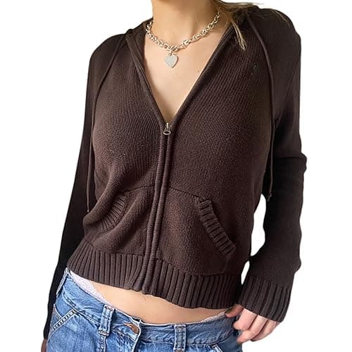 Faretumiya Women Zip Up Long Sleeve Crop Hooded Tops Ribbed Knit Cropped Hoodie Jacket Y2k Cute Sweater Pullover - Image 1