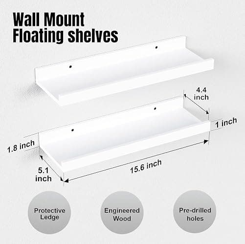 RICHER HOUSE 5 Set White Floating Shelves, Wall Mounted Shelves for Wall Decor, Modern Picture Ledge Shelf with Lip for Storage Nursery, Bedroom, Living Room, Bathroom - White thumbnail 3