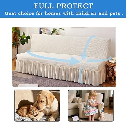 Daunkang Futon Cover Slipcover Removable Armless Sofa Bed Slipcovers Full Size with Skirt Ruffled Knitted Futon Sofa Cover Furniture Bed Protector with Elastic Bottom S White thumbnail 6