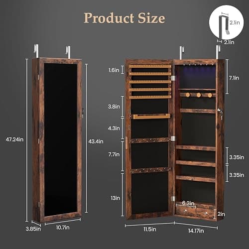 DUMOS 6 LEDs Mirror Jewelry Organizer Cabinet, Jewelry Armoire, 47.2 Inch | Hanging Door or Wall Mounted Mirror, Lockable, Large Capacity Cosmetic Storage, 2 Drawers, Gift Idea, Rustic Brown thumbnail 3