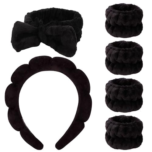 AOPRIE SPA Headbands for Washing Face Makeup Headbands with Bow Hair Band Women Facial Head Band Wrist Towel Wraps For Shower Face Mask Black 2 Style Black, 6 Pack - Image 1