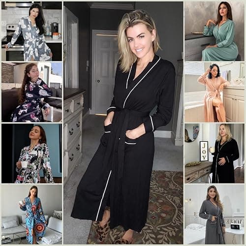 Ekouaer Women Kimono Robes Full Length Knit Bathrobe Lightweight Soft Sleepwear V-neck Casual Ladies Loungewear S-XXL thumbnail 5