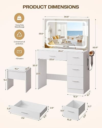 LIVELYGLOW 35.4" White Vanity Desk Set with Full-Width LED Mirror & Stool | 3 Lighting Modes, Charging Station, Cushioned Stool, 4 Drawers thumbnail 2
